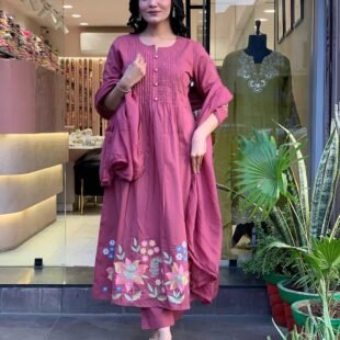 Cotton Kurta Pant And Dupatta Set-Pink