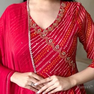 Heavy Embroidery Solid Red Bandej Kurta Pant And Dupatta Set