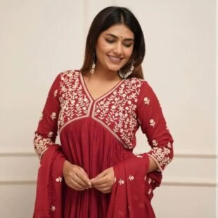 Heavy Embroidery Solid Kurta Pant And Dupatta Set-Maroon