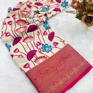 ✒️ Dola Silk Saree – Designer Print with Elegant Jacquard Border