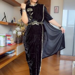 Indo-Western Saree Embroidered Stylist Top, Bottom & Pallu-Black