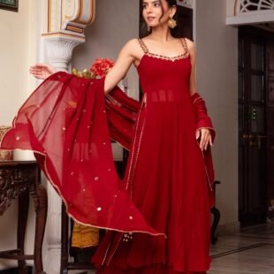 Handwork With Real Mirror Kurta Palazzo Ant Dupatta Set-Red
